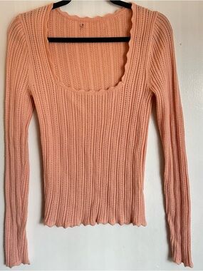 J. Crew Orange Peach Ribbed Scoop Neck wool Top scalloped hems size medium